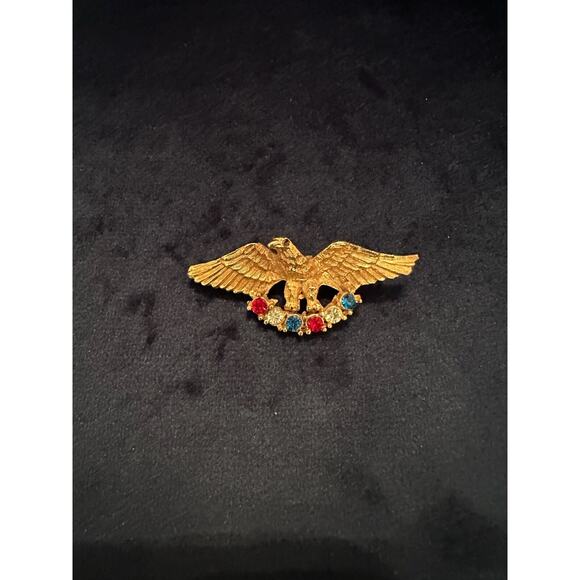 Vintage Eagle Gold Tone Pin Brooch Red White Blue‎ Rhinestones Patriotic - Picture 8 of 10